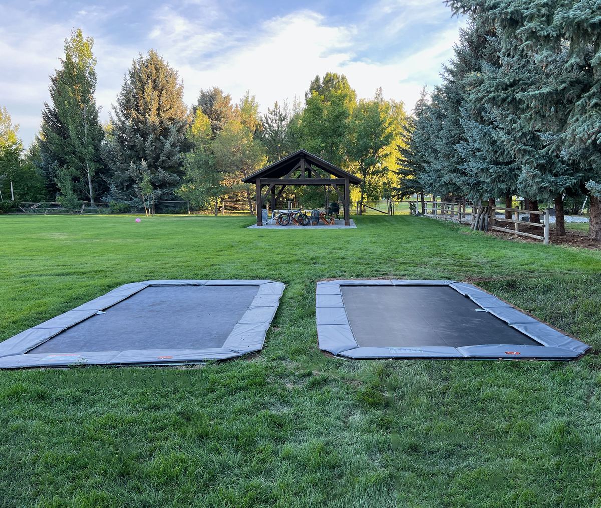 Double 10x17 rectangle in-ground trampolines