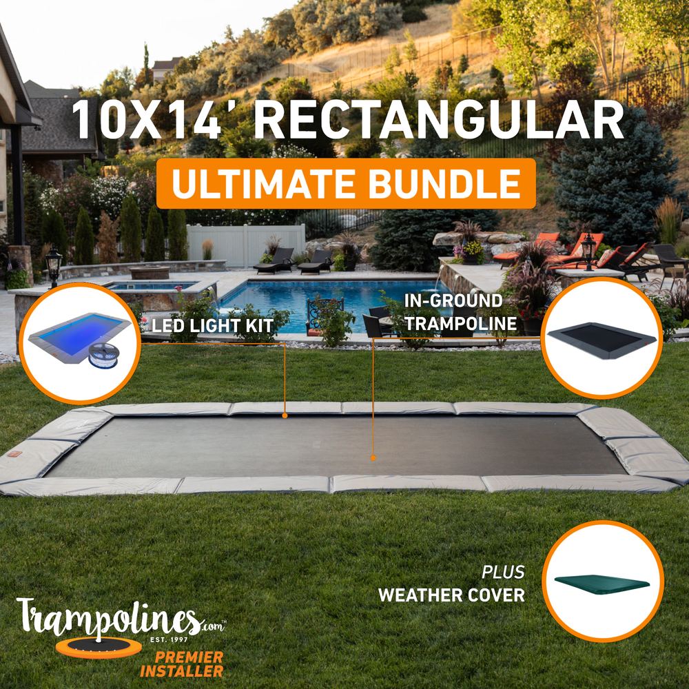 10x14 rectangle in-ground trampoline bundle with LED lights, hoop and weather cover