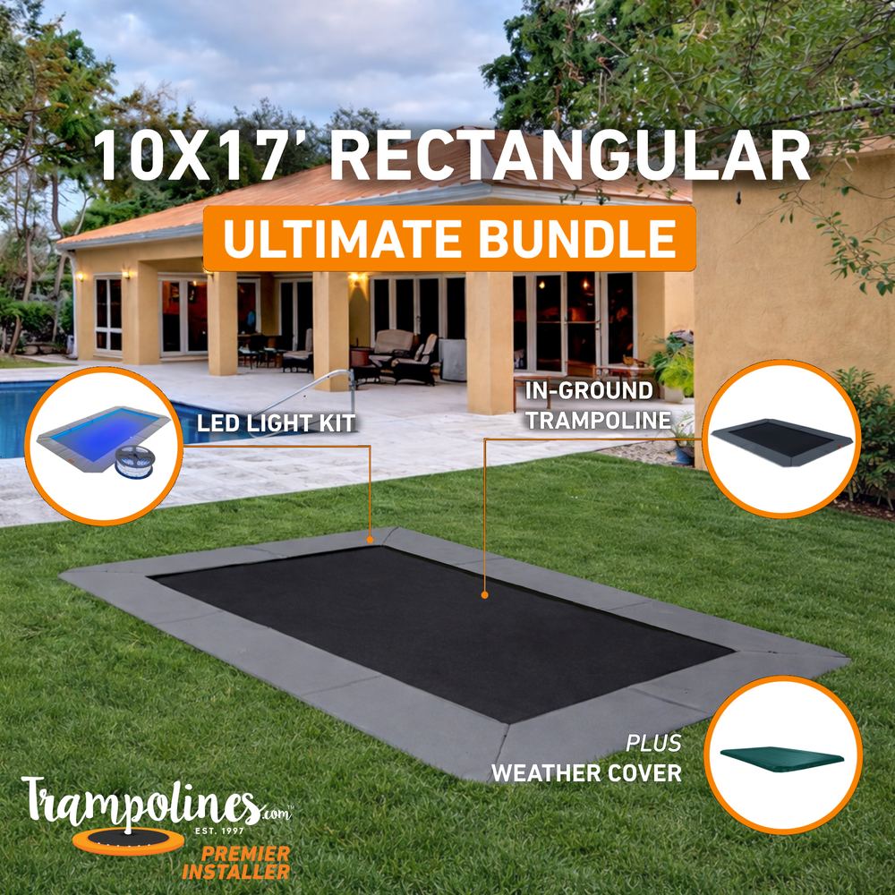 10x17 rectangle in-ground trampoline bundle with LED lights, hoop and weather cover