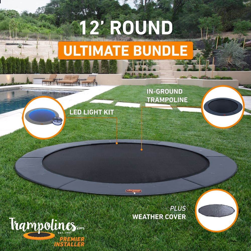 12 foot round in-ground trampoline bundle with LED lights, hoop and weather cover