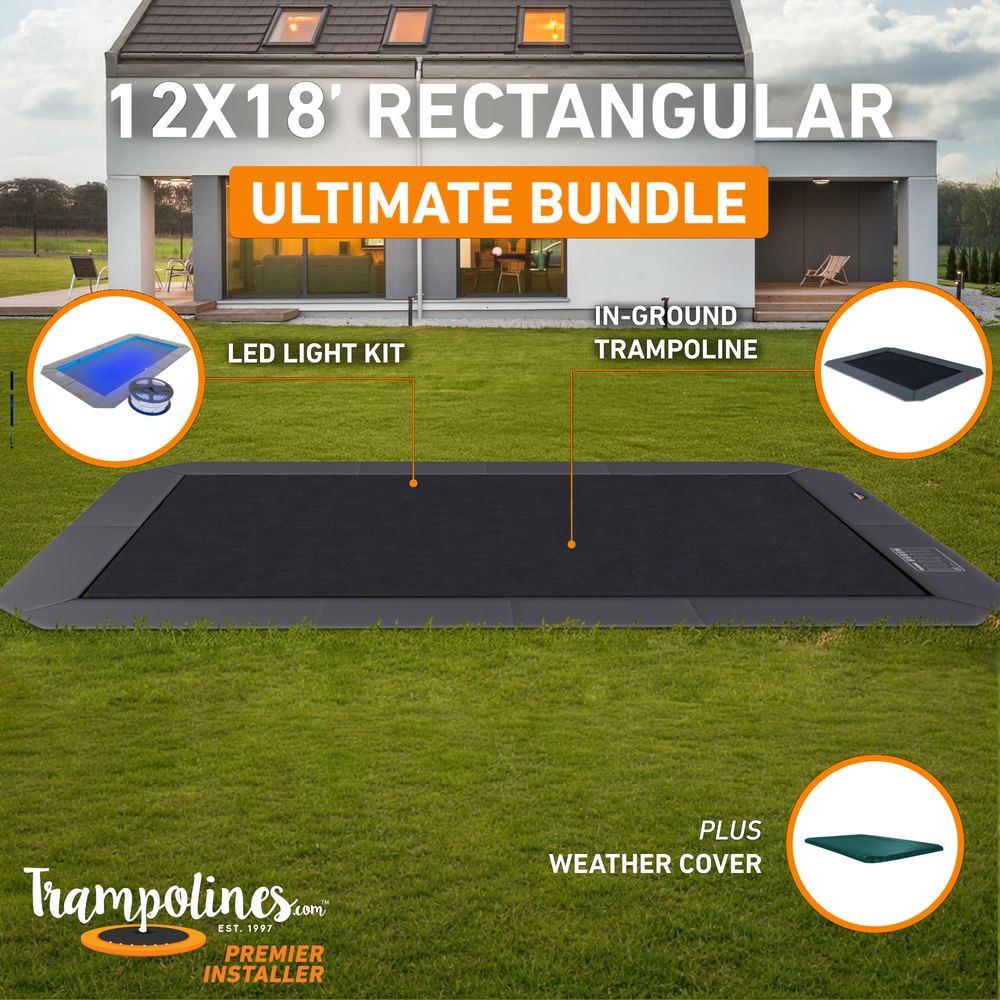 12x18 rectangle MAX in-ground trampoline bundle with LED lights, hoop and weather cover