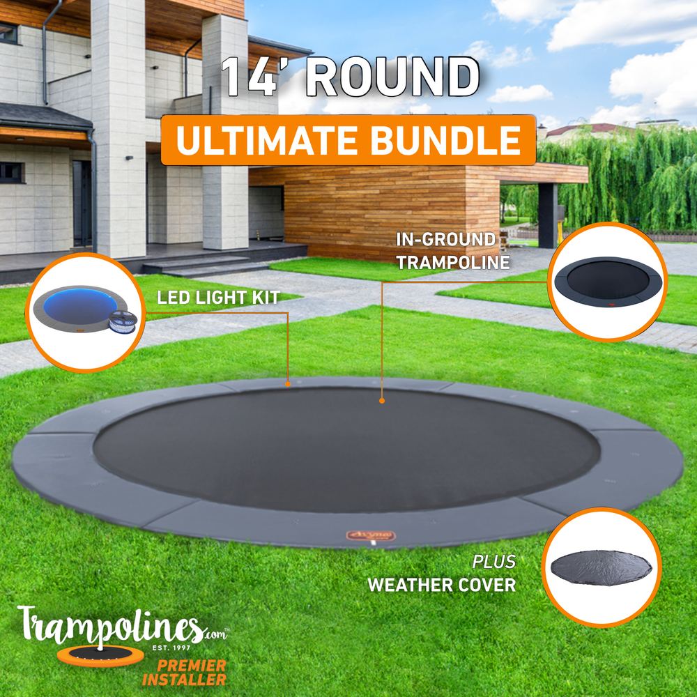 14 foot round in-ground trampoline bundle with LED lights, hoop and weather cover