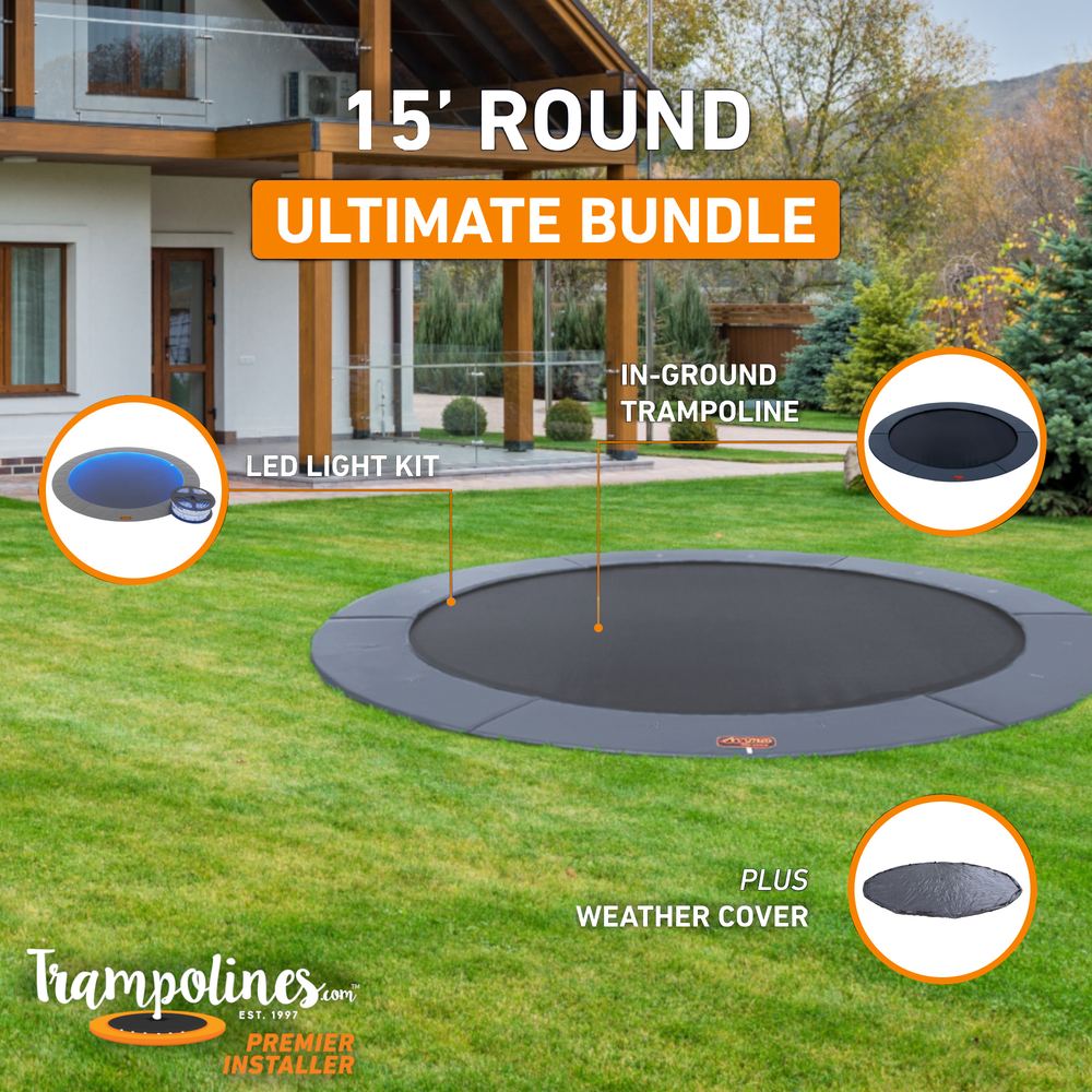 15 foot round in-ground trampoline bundle with LED lights, hoop and weather cover