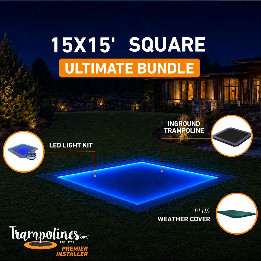 15x15 square MAX in-ground trampoline bundle with LED lights glowing at night