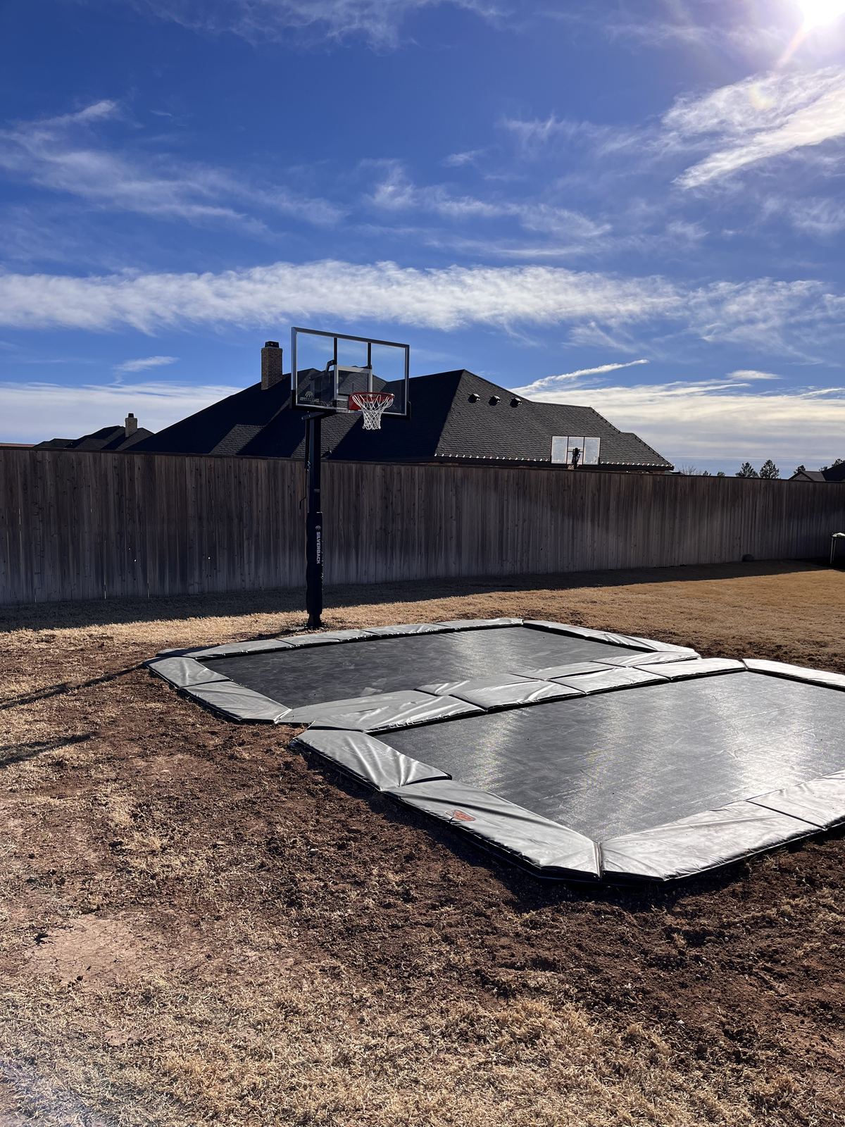 Double trampoline install with basketball hoop